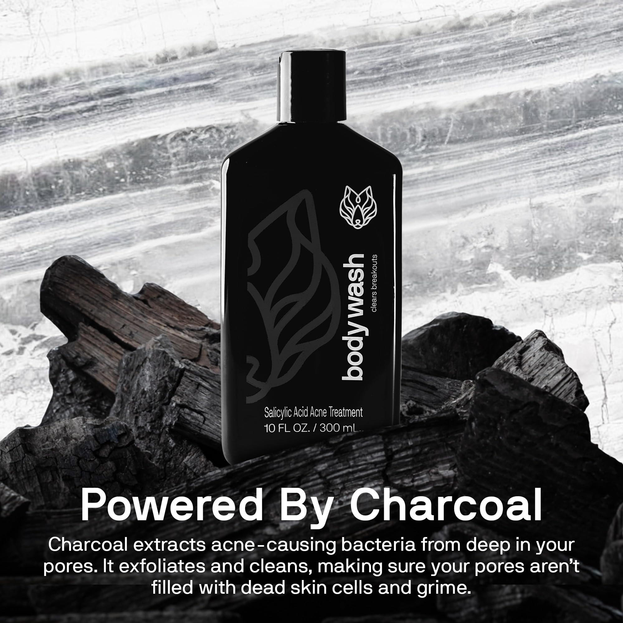 Black Wolf Salicylic Acid Body Wash for Men - 10 Fl Oz Men's Acne Body Wash - Charcoal Helps Reduce Acne Breakouts & Cleanse Your Skin - Full Coverage & Deep Clean Treatment - Men's Bodywash